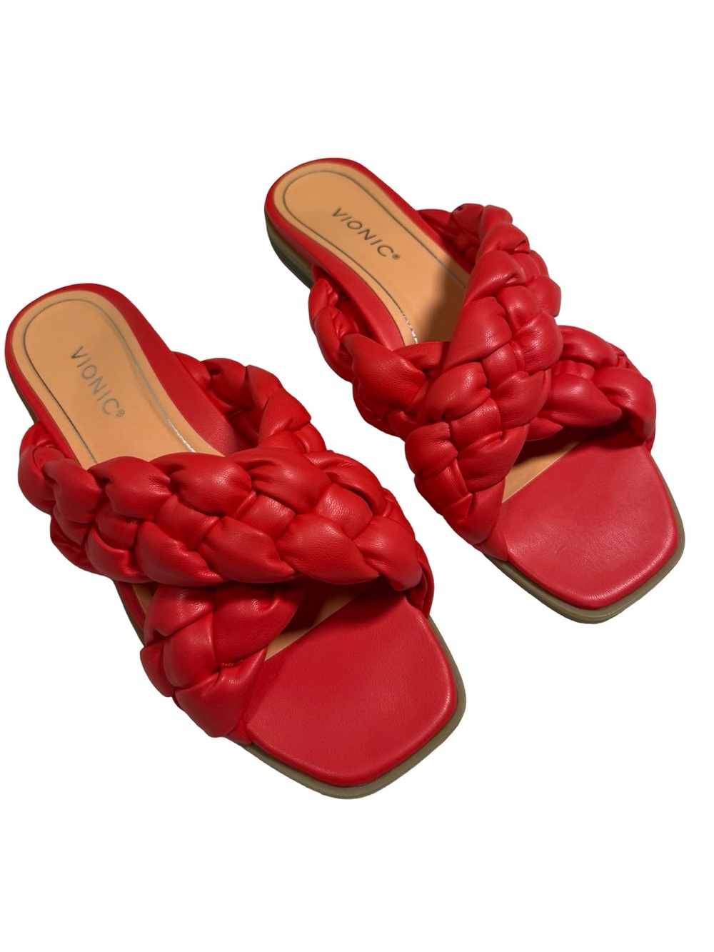 Vionic Kalina Sz 9.5 Poppy Red Braided Cross Strap Slide Sandals Comfort Summer